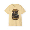 Black heavyweight Who Dat? Black Widow racing graphic tee with vintage feel and bold chest print