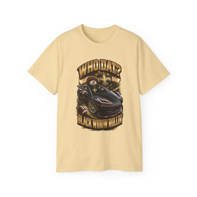 Black heavyweight Who Dat? Black Widow racing graphic tee with vintage feel and bold chest print
