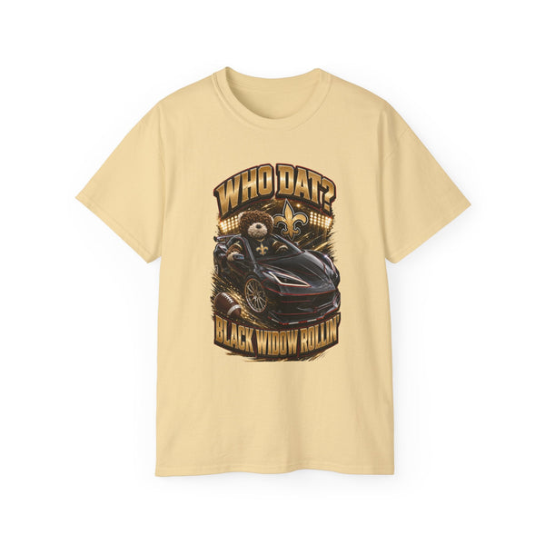 Black heavyweight Who Dat? Black Widow racing graphic tee with vintage feel and bold chest print