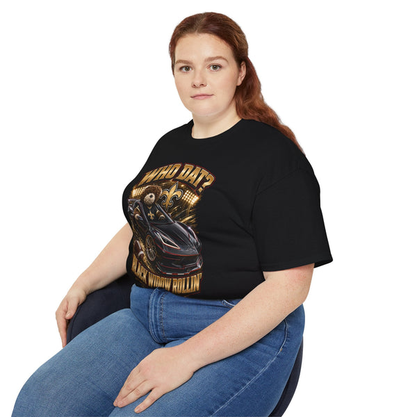 Who Dat? Black Widow heavyweight racing graphic tee with vintage cotton and crew emblem