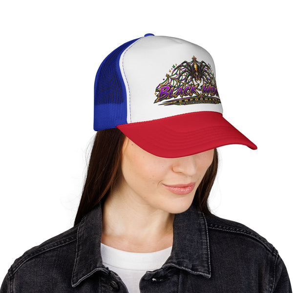 Black Widow Performance Trucker Hat — Retro Skull & Arachnid Mesh Cap