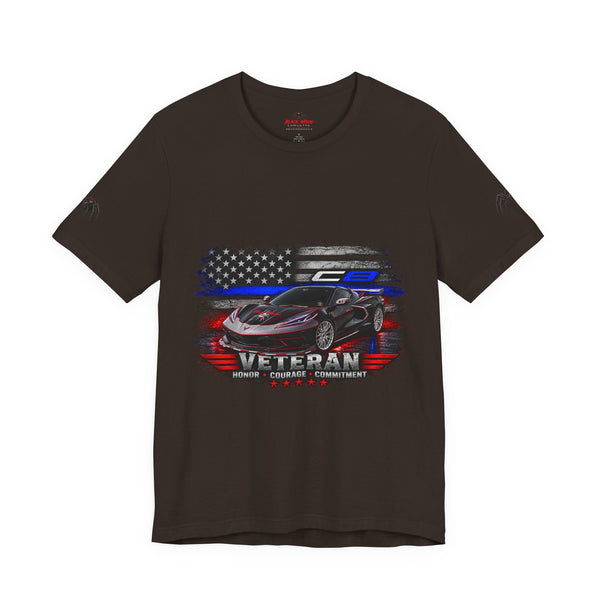 Black Veteran Corvette C8 Tee with Black Widow Performance graphic on black cotton shirt