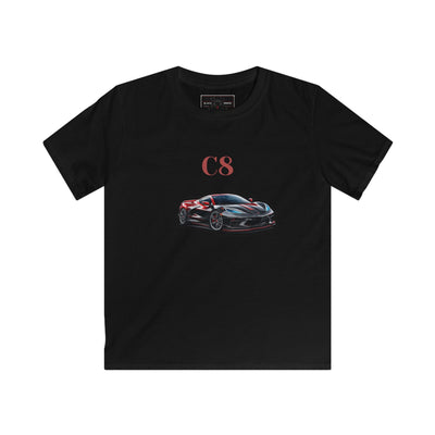 Kids black C8 Corvette One of One Black Widow tee with car graphic