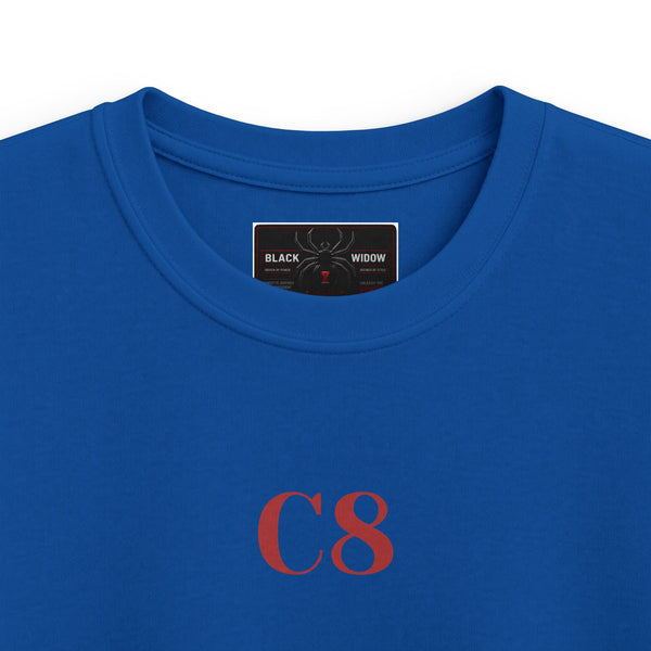 Kids C8 Corvette black kids tee with sporty car design and smooth fabric