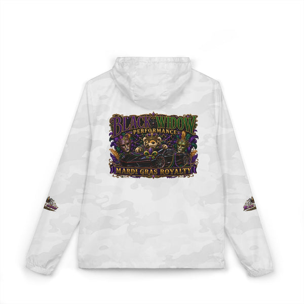 Black Widow Mardi Gras Blackout Nation lightweight waterproof windbreaker with "March Goes Insanity" graphic and mesh hood