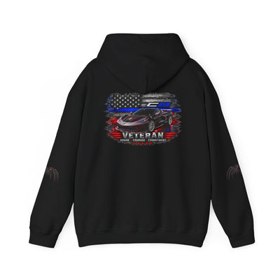 Veteran ’Merica Car Flag Hoodie with patriotic Corvette and distressed American flag design, cozy midweight pullover with kangaroo pocket and adjustable hood