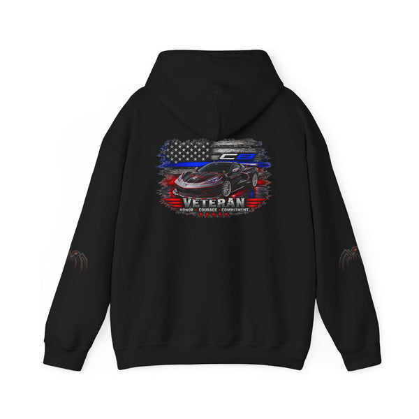 Veteran ’Merica Car Flag Hoodie with patriotic Corvette and distressed American flag design, cozy midweight pullover with kangaroo pocket and adjustable hood