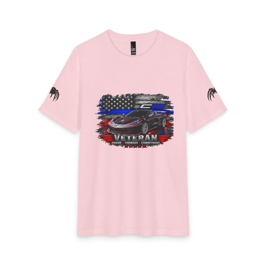 Black Widow Corvette silhouette with American flag on black tri-blend tee shirt