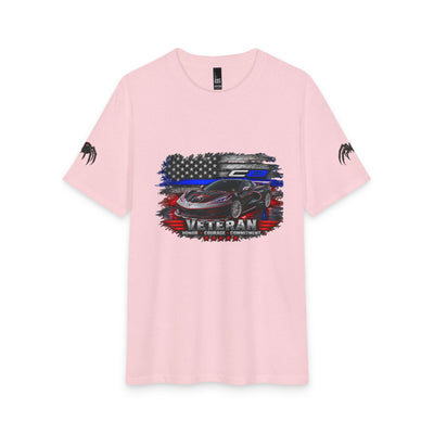 Black Widow Corvette silhouette with American flag on black tri-blend tee shirt