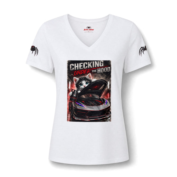 Checking Under the Hood Tee — Women's V-Neck Cat