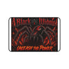 Black Widow 'Unleash the Power' Desk Mat with gothic spider design and fiery red-orange colors on black neoprene surface