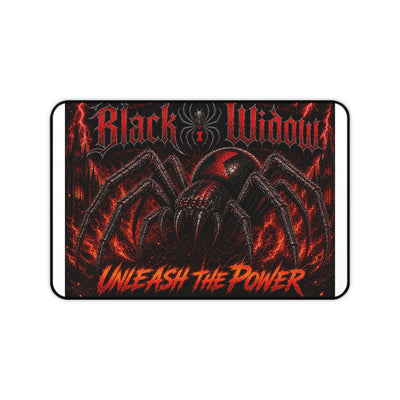 Black Widow 'Unleash the Power' Desk Mat with gothic spider design and fiery red-orange colors on black neoprene surface