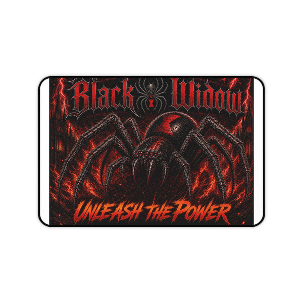 Black Widow 'Unleash the Power' Desk Mat with gothic spider design and fiery red-orange colors on black neoprene surface