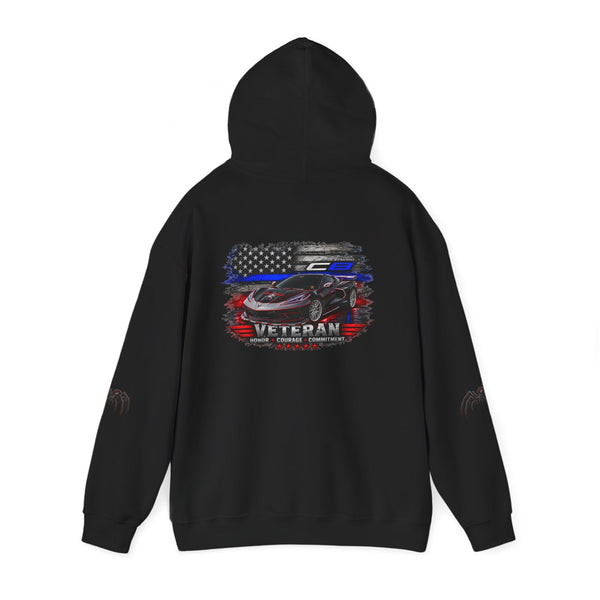Veteran ’Merica Car Flag Hoodie patriotic corvette pullover with distressed flag design and cozy kangaroo pocket