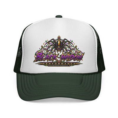 Black Widow Performance Trucker Hat — Retro Skull & Arachnid Mesh Cap