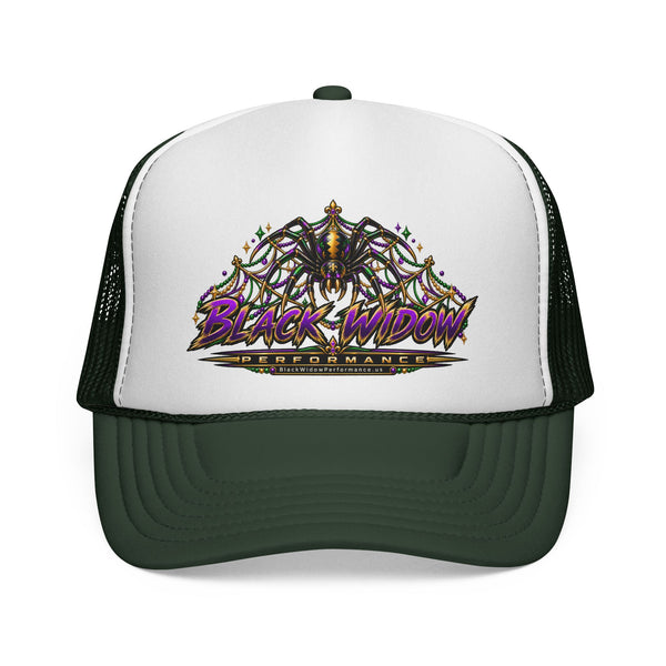 Black Widow Performance Trucker Hat — Retro Skull & Arachnid Mesh Cap