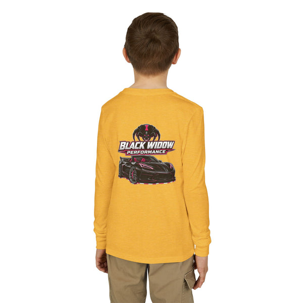 Youth Long Sleeve Tee — 'Be Nice You Jerk' Spider Graphic Front & Black Widow Performance Car Back