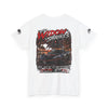 Black Widow Corvette performance graphic tee with vintage muscle car design and size guide table