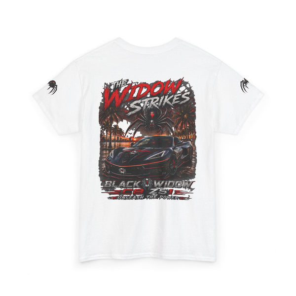 Black Widow Corvette performance graphic tee with vintage muscle car design and size guide table