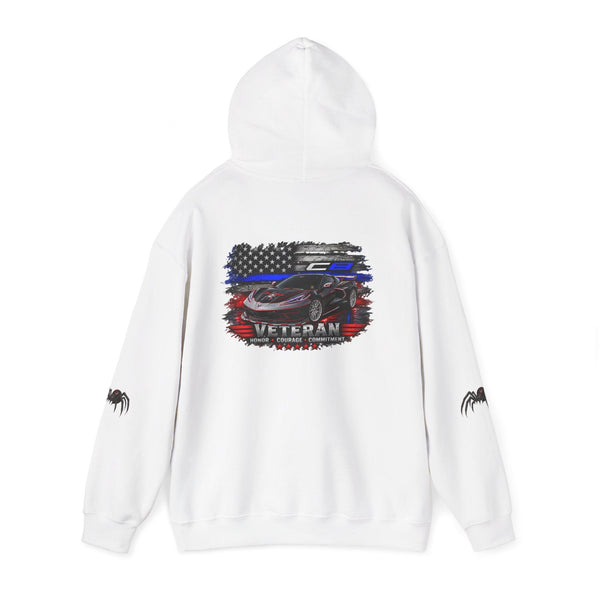 Veteran ’Merica Car Flag Hoodie patriotic Corvette pullover with distressed flag car design and cozy hooded sweatshirt features