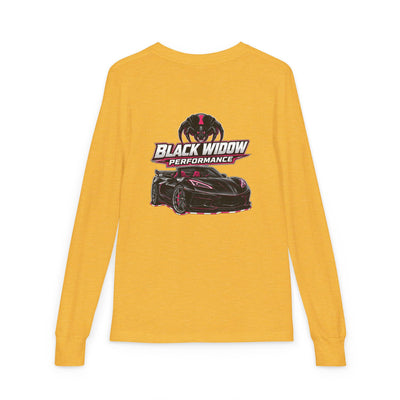 Youth Long Sleeve Tee — 'Be Nice You Jerk' Spider Graphic Front & Black Widow Performance Car Back
