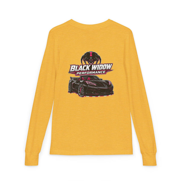Youth Long Sleeve Tee — 'Be Nice You Jerk' Spider Graphic Front & Black Widow Performance Car Back