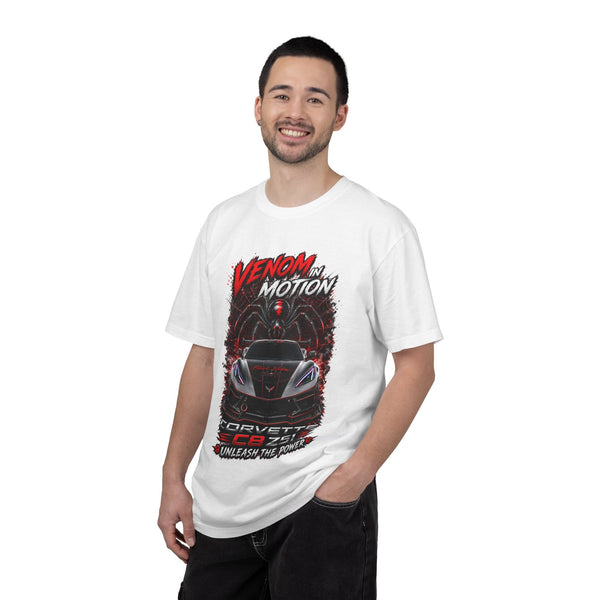 Black Venom in Motion Corvette C8 T-shirt with spider and Black Widow Performance graphics