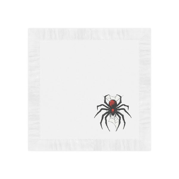 Black widow spider cocktail napkins with red abdomen and web design on white three-ply paper