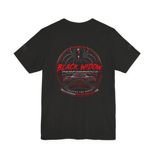 Black Veteran Corvette C8 Tee with Black Widow Performance graphic on black Bella+Canvas 3001 shirt