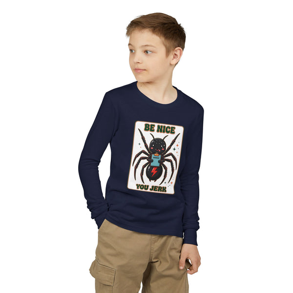 Youth Long Sleeve Tee — 'Be Nice You Jerk' Spider Graphic Front & Black Widow Performance Car Back