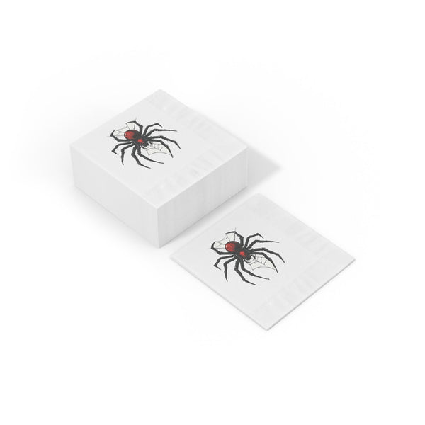 Black Widow Spider cocktail napkin with red abdomen and web design on white three-ply paper, 4.8x4.8 inches
