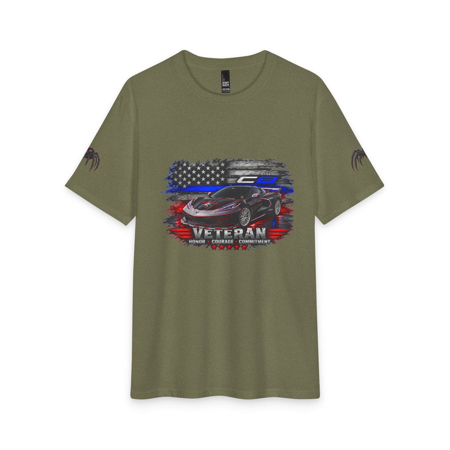 Black Widow Corvette Tee with American flag silhouette on black fabric