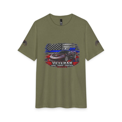 Black Widow Corvette Tee with American flag silhouette on black fabric