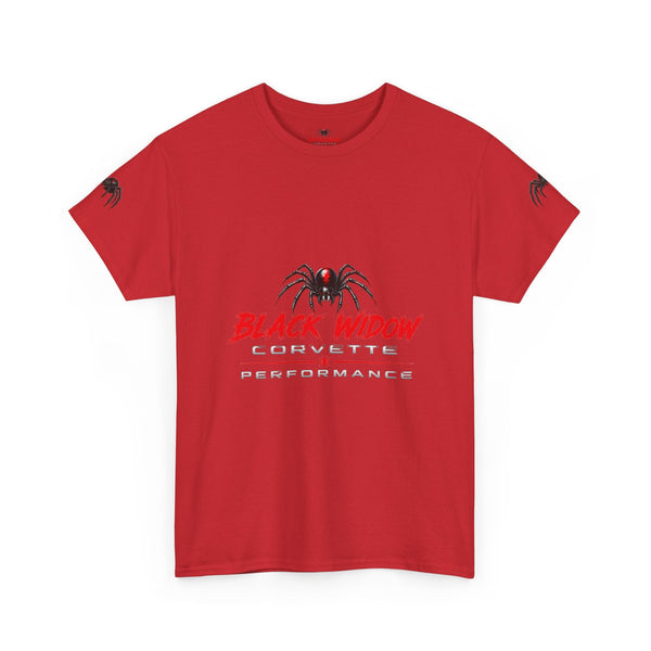 Black Widow Corvette performance tee with vintage racing graphic and size guide table