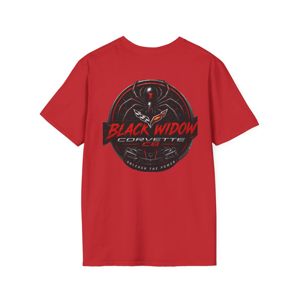 Black Widow Corvette R.I.P. Twenties T-shirt with vintage 1920s nostalgia design and size guide table
