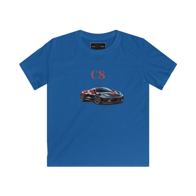 Kids black C8 Corvette Black Widow tee with sports car graphic and "One of One" design