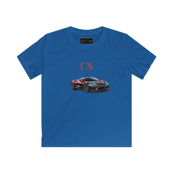Kids black C8 Corvette Black Widow tee with sports car graphic and "One of One" design