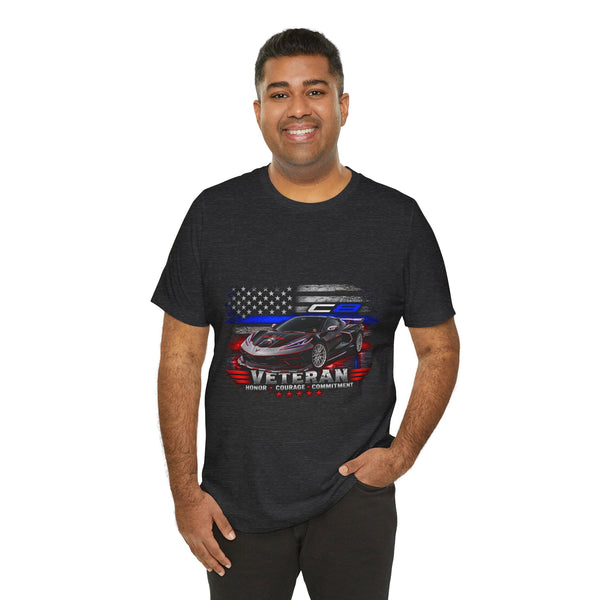 Black Veteran Corvette C8 Tee with Black Widow Performance graphic on black Bella+Canvas 3001 shirt