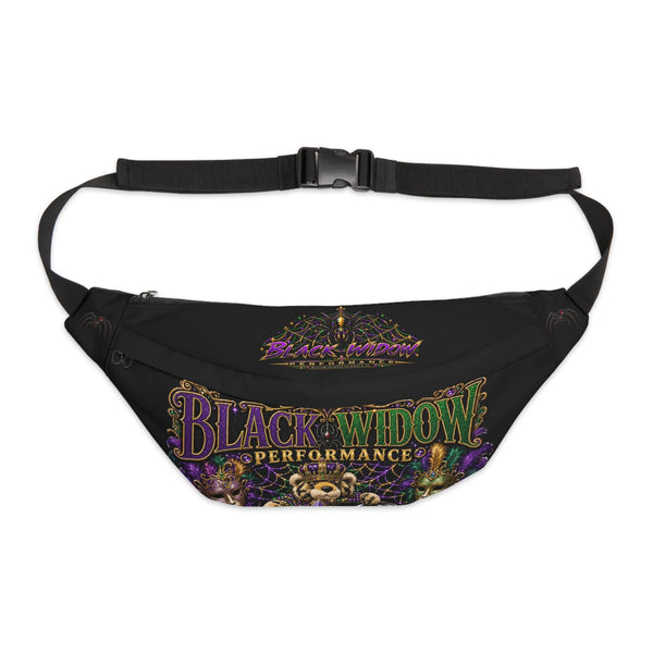 Black Widow Performance large fanny pack with vivid Mardi Gras circus design and adjustable waist belt