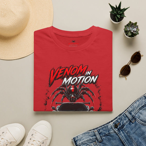 Black Widow Performance Venom in Motion Corvette tee with racing spider graphic on black crewneck shirt