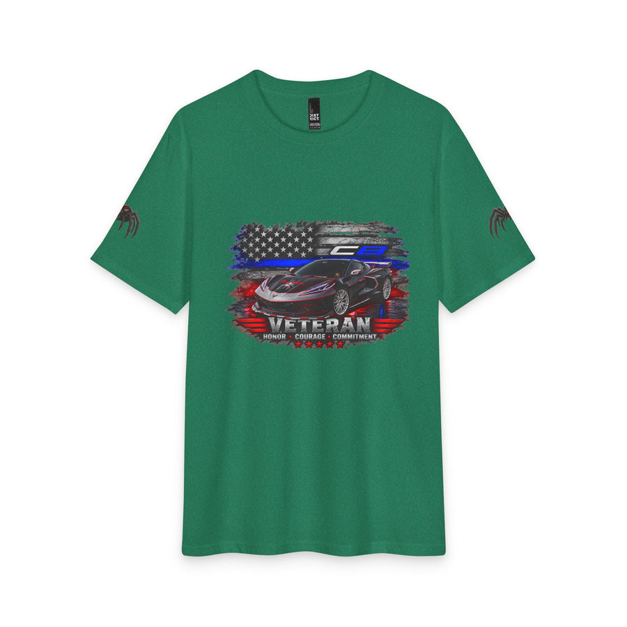 Black Widow Corvette silhouette with American flag design on black patriotic t-shirt