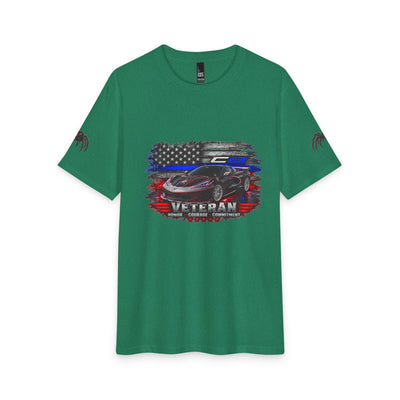 Black Widow Corvette silhouette with American flag design on black patriotic t-shirt