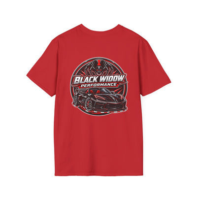 Black Widow Performance Venom in Motion Corvette tee with racing spider graphic on black cotton shirt