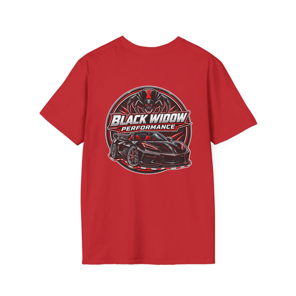 Black Widow Performance Venom in Motion Corvette tee with racing spider graphic on black cotton shirt