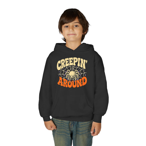 Youth Hoodie – "Creepin' Around" Halloween Spider Skull Design