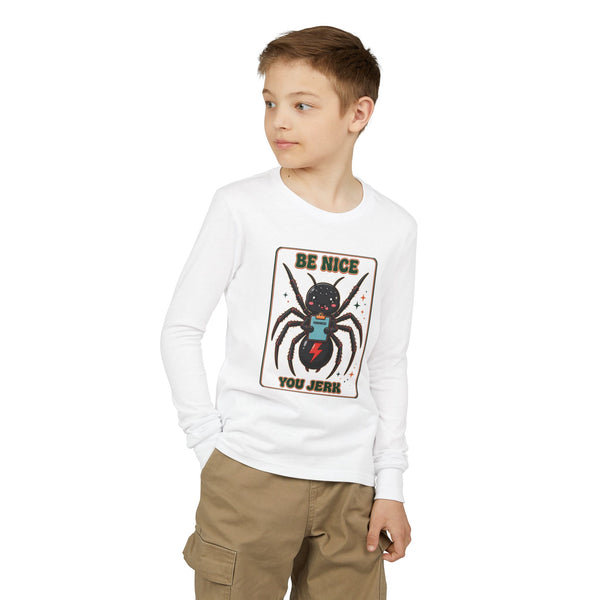Youth Long Sleeve Tee — 'Be Nice You Jerk' Spider Graphic Front & Black Widow Performance Car Back