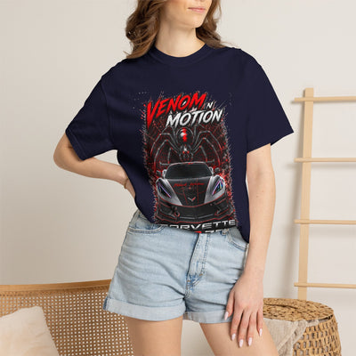 Venom in Motion Corvette C8 T-shirt with black widow and car graphic, heavyweight cotton, relaxed fit.