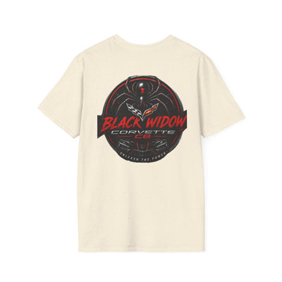 Black Widow Corvette R.I.P. 1920s nostalgia t-shirt with size guide and vintage design