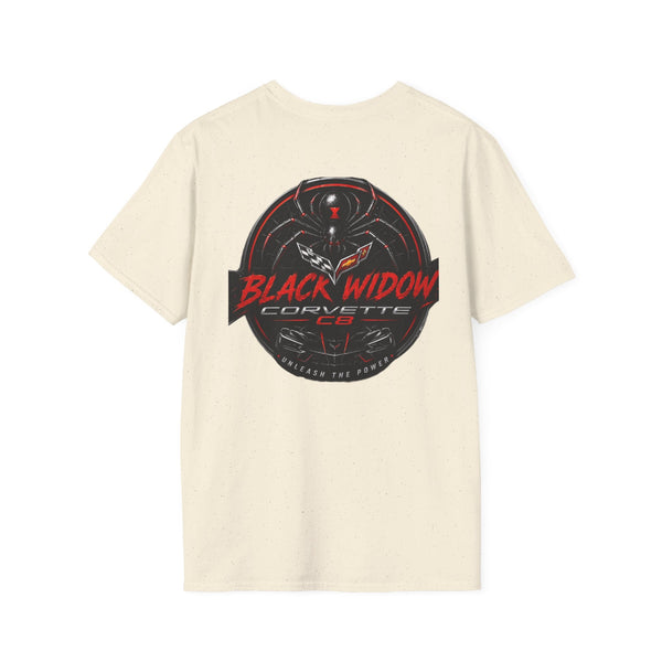 Black Widow Corvette R.I.P. 1920s nostalgia t-shirt with size guide and vintage design
