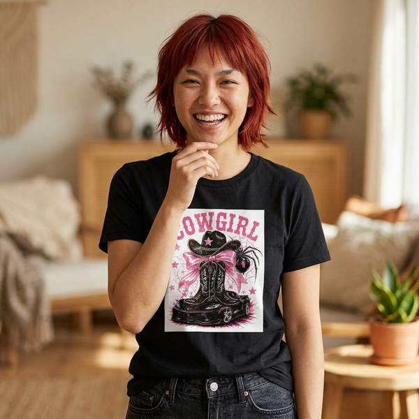 Women's fitted pink Cowgirl graphic tee with cowboy boots and hat design